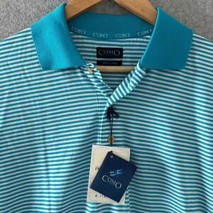 Como Sport Polo Shirt Mens Large Turquoise Striped Mercerized Italy NWT